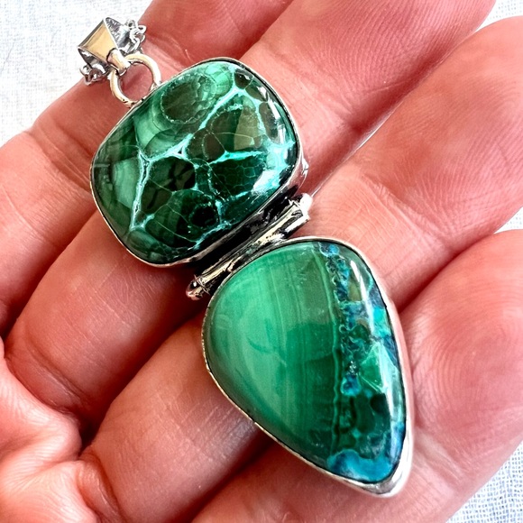 925 INSANE Gorgeous! Chrysocolla + Malachite Unique Pendant Necklace